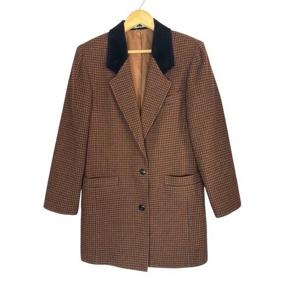 Vintage Wool Brown Houndstooth Oversized Blazer Size 12 Academia Preppy Heritage - Picture 2 of 8